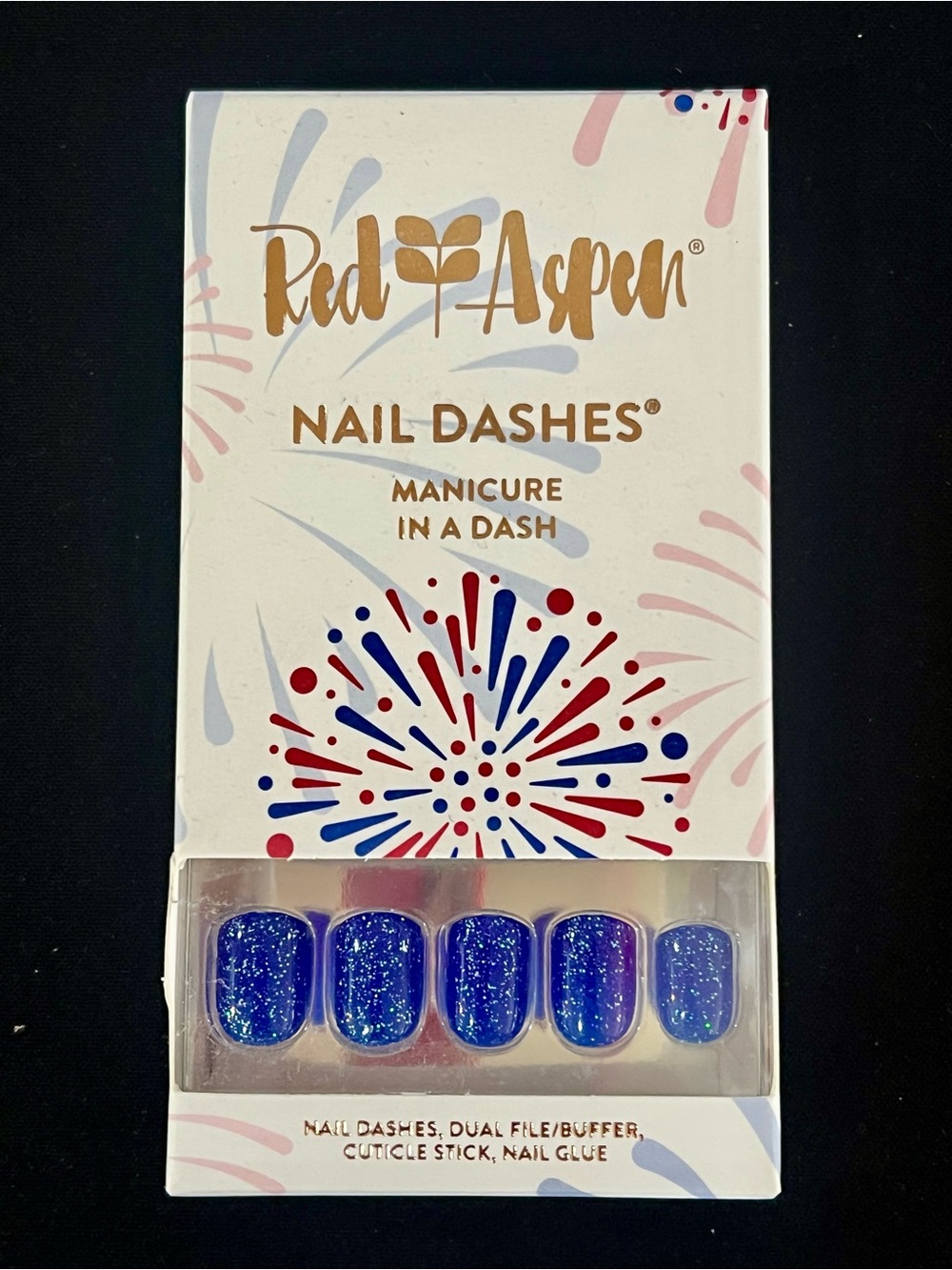 NEW Red Aspen Nail Dashes Fireworks Fredie Blue Glitter Press-On Nails Sealed